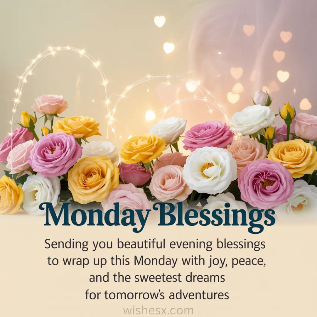 A bouquet of colorful roses and glowing light trails with heart shapes create a dreamy backdrop. The text reads, "Monday Blessings." Tone: warm and uplifting.