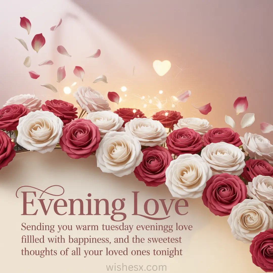 A romantic scene with red and white roses, surrounded by floating petals and glowing hearts. Text reading "Evening Love" adds a warm, loving tone.