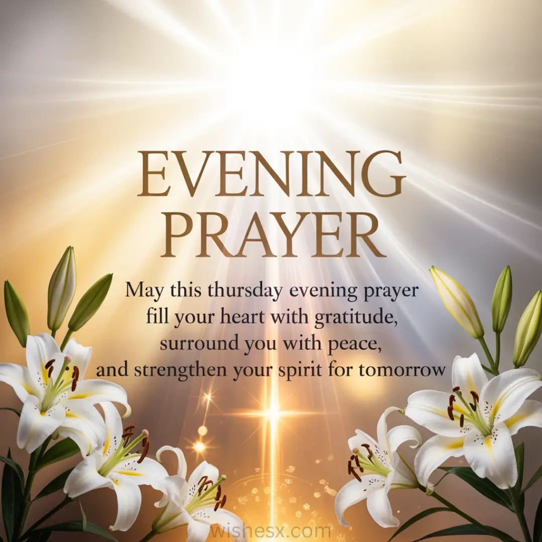 Bright rays of light burst from the center, illuminating the text "Evening Prayer." White lilies frame the inspirational message below, conveying peace.