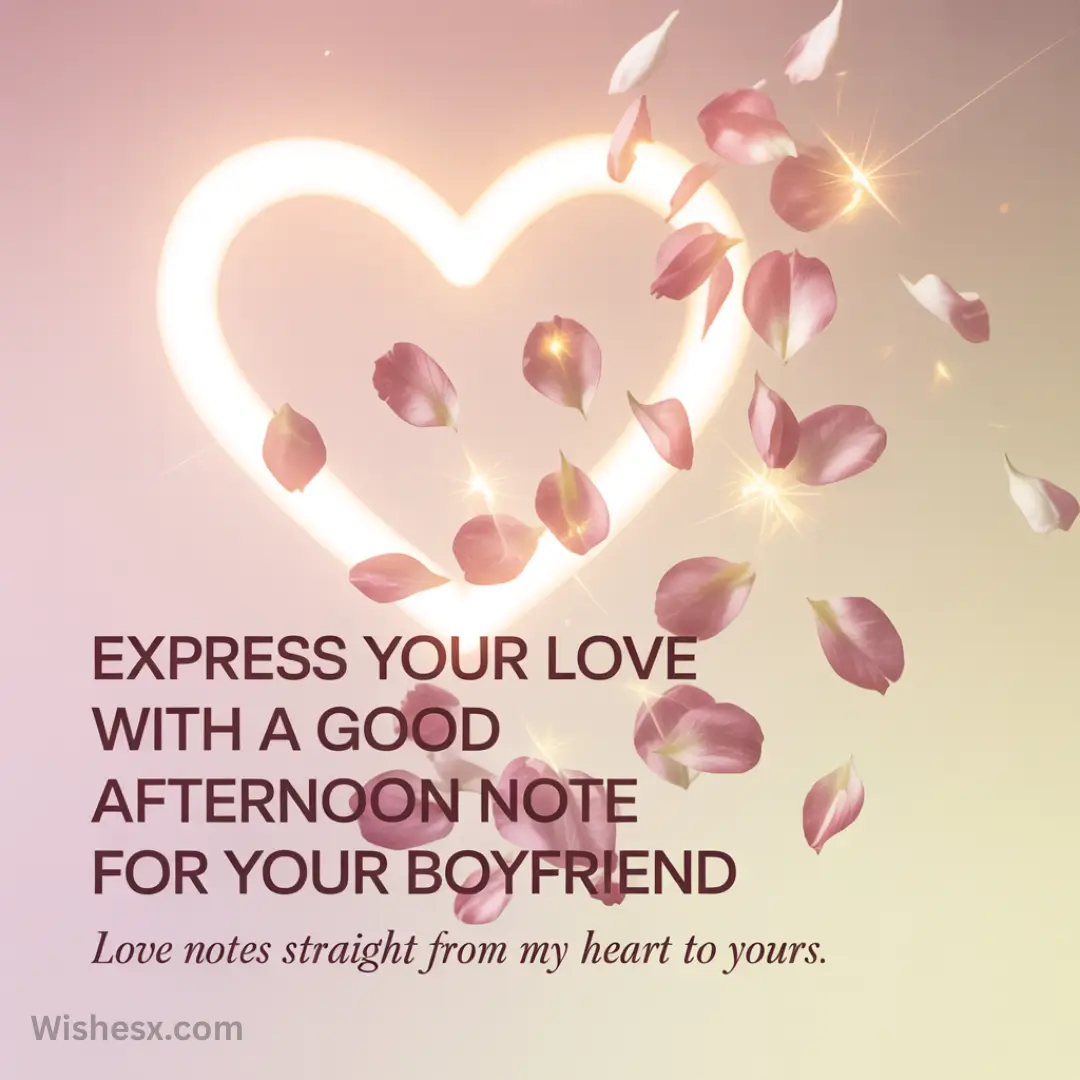 Glowing heart outline with pink rose petals and sparkles on a soft gradient background. Text reads, "Express your love with a good afternoon note for your boyfriend." Tone is romantic and uplifting.