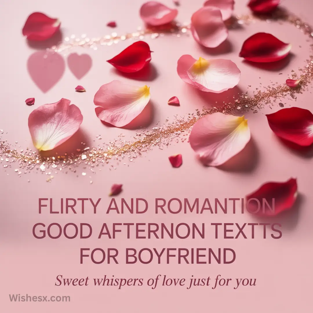Pink background with scattered red and pink rose petals, gold glitter, and heart shapes. Text reads, "Flirty and romantic good afternoon texts for boyfriend."