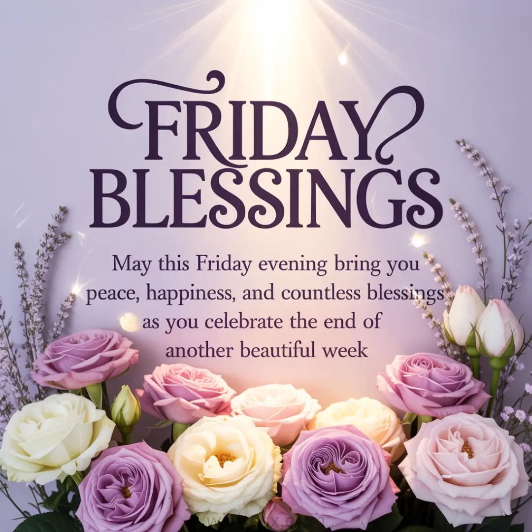 "Friday Blessings" text with soft light rays above pastel roses, lilies, and lavender. The image conveys a serene and uplifting tone for a peaceful evening.