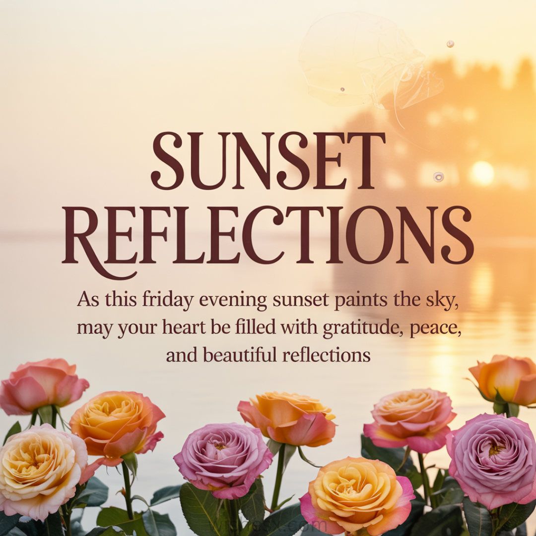 Roses in hues of pink, yellow, and orange are set against a tranquil sunset over water. Text reads: "Sunset Reflections," conveying peace and gratitude.