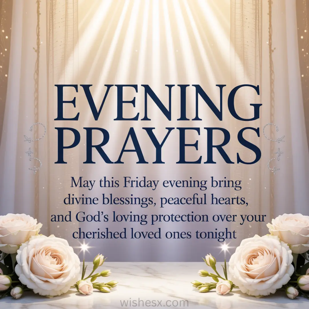 Serene image with the text "Evening Prayers" and a blessing message. Soft light rays and elegant white roses create a peaceful, spiritual ambiance.