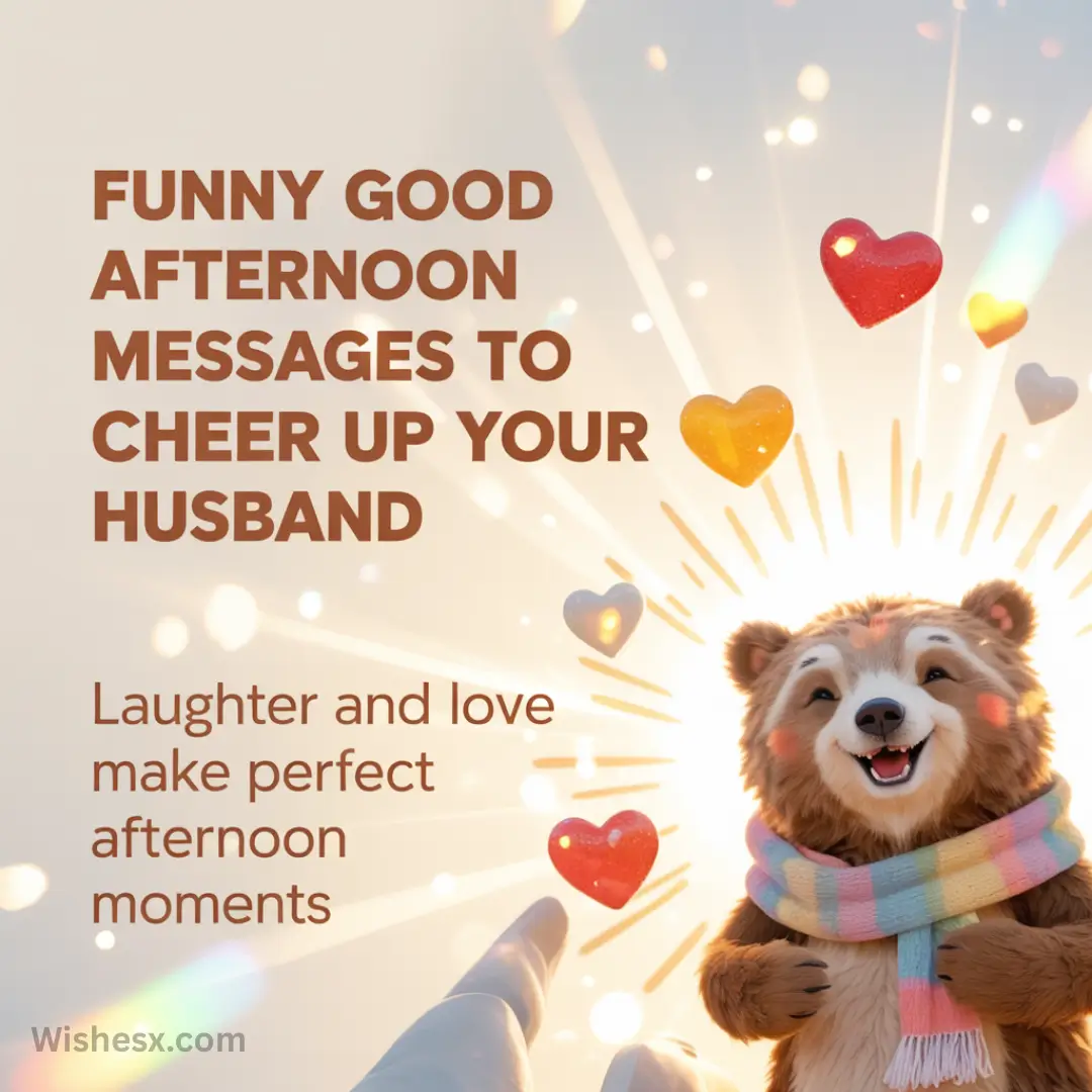 A cheerful animated bear wearing a colorful scarf smiles with eyes closed, surrounded by glowing heart shapes. Text reads, "Funny good afternoon messages to cheer up your husband. Laughter and love make perfect afternoon moments."