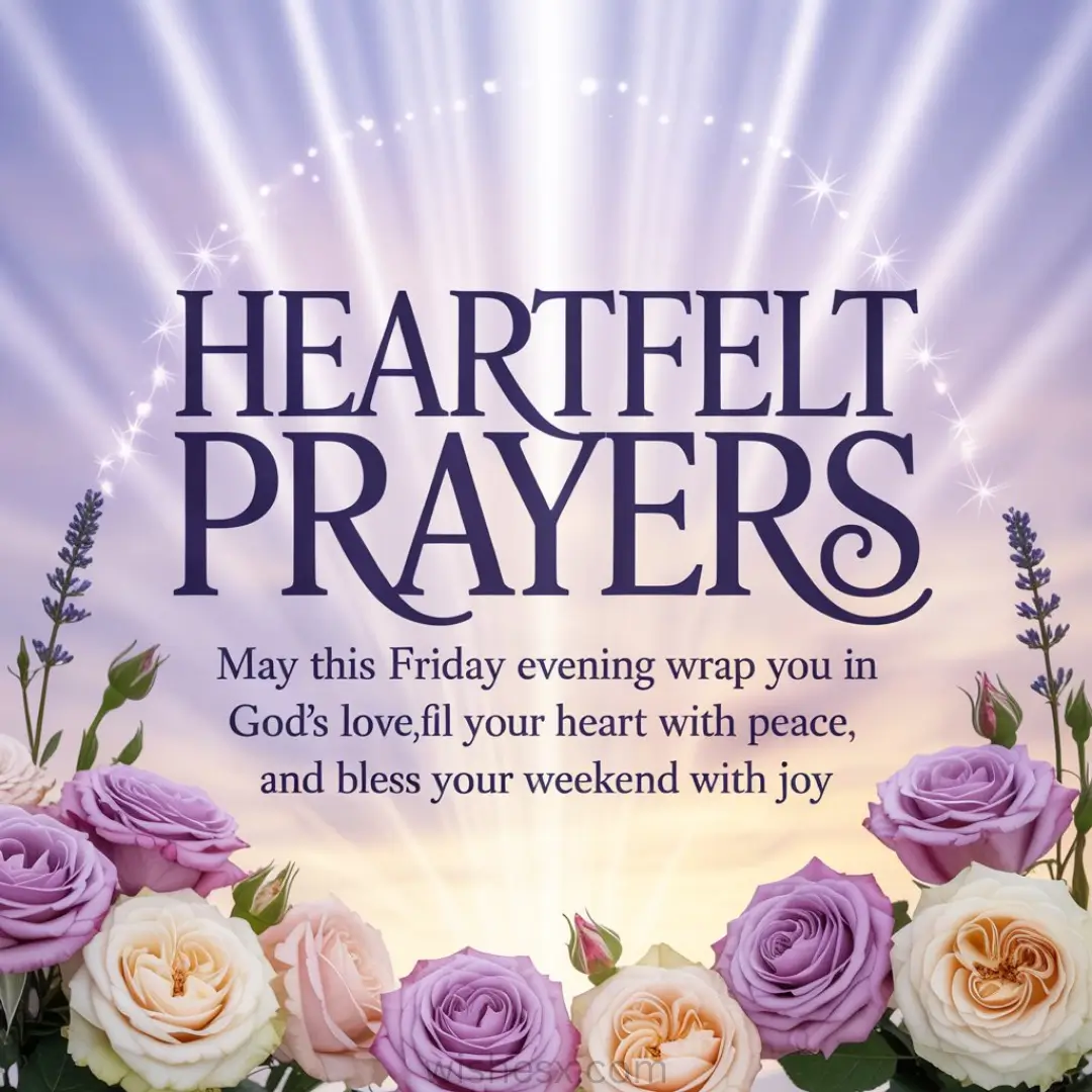 Elegant image with the text "Heartfelt Prayers" against radiant light beams. Roses in lavender, peach, and cream frame bottom, conveying peace and warmth.