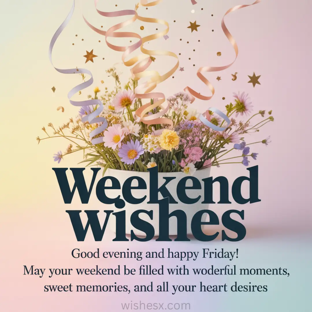 Bouquet of colorful flowers with ribbons and stars above, set against a pastel gradient background. Text: "Weekend wishes, Good evening and happy Friday!"