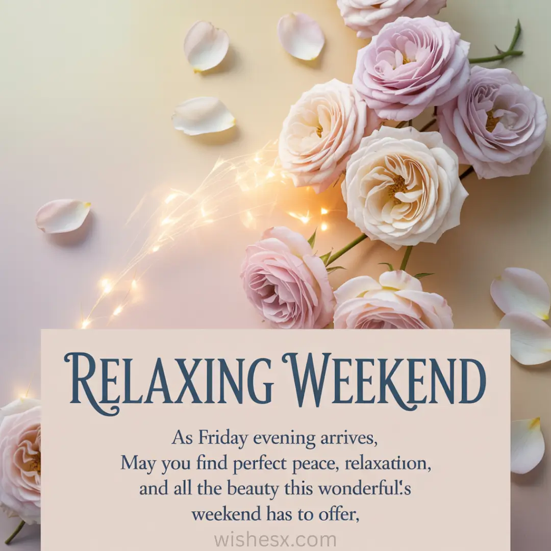 Elegant pink roses with petals scattered on a soft background, accented by glowing sparkles. Text reads: "Relaxing Weekend." Offers peaceful weekend wishes.