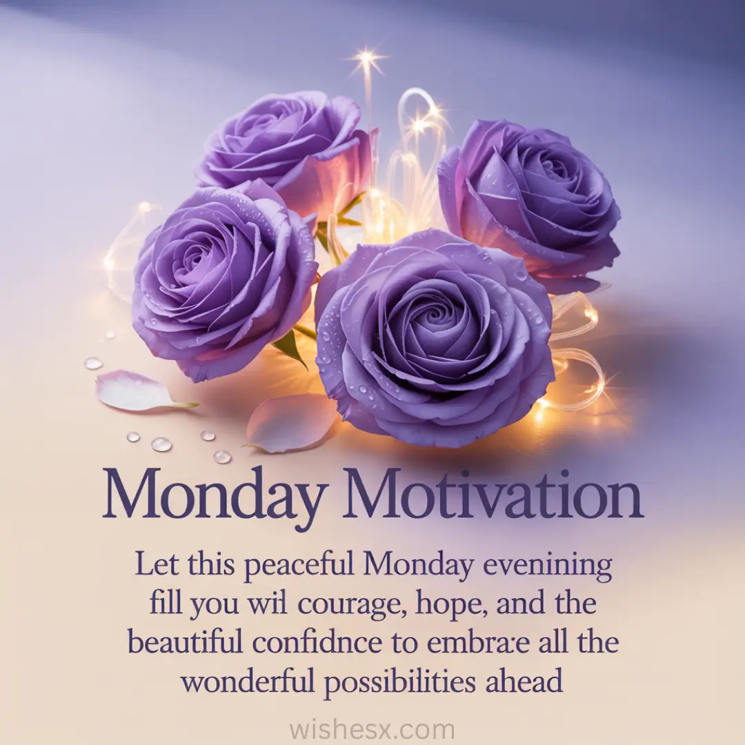 Purple roses with dew drops surrounded by soft fairy lights on a gradient background. Text reads, "Monday Motivation" with an inspirational message. Calm and hopeful tone.