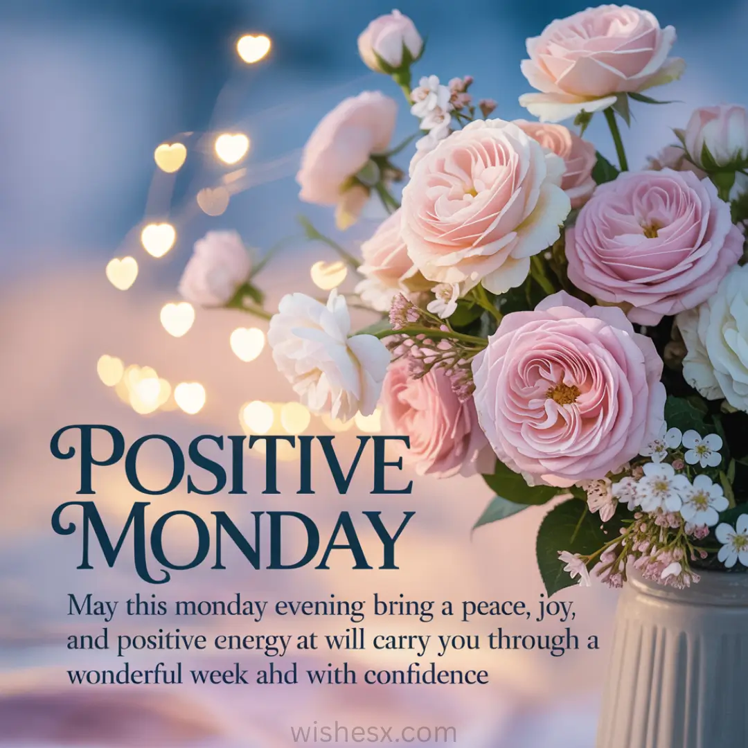 A bouquet of pink and white roses with delicate greenery is arranged in a vase. Heart-shaped bokeh lights create a soft, peaceful ambiance. The text "Positive Monday" wishes for a week of peace, joy, and confidence.