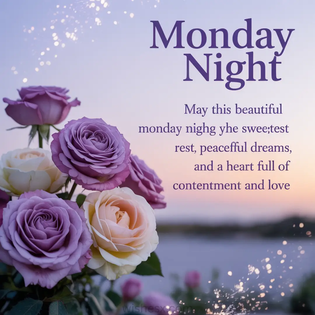 A serene image with purple and cream roses in the foreground against a pastel twilight sky. Text reads: "Monday Night, May this beautiful monday night the sweetest rest, peaceful dreams, and a heart full of contentment and love."
