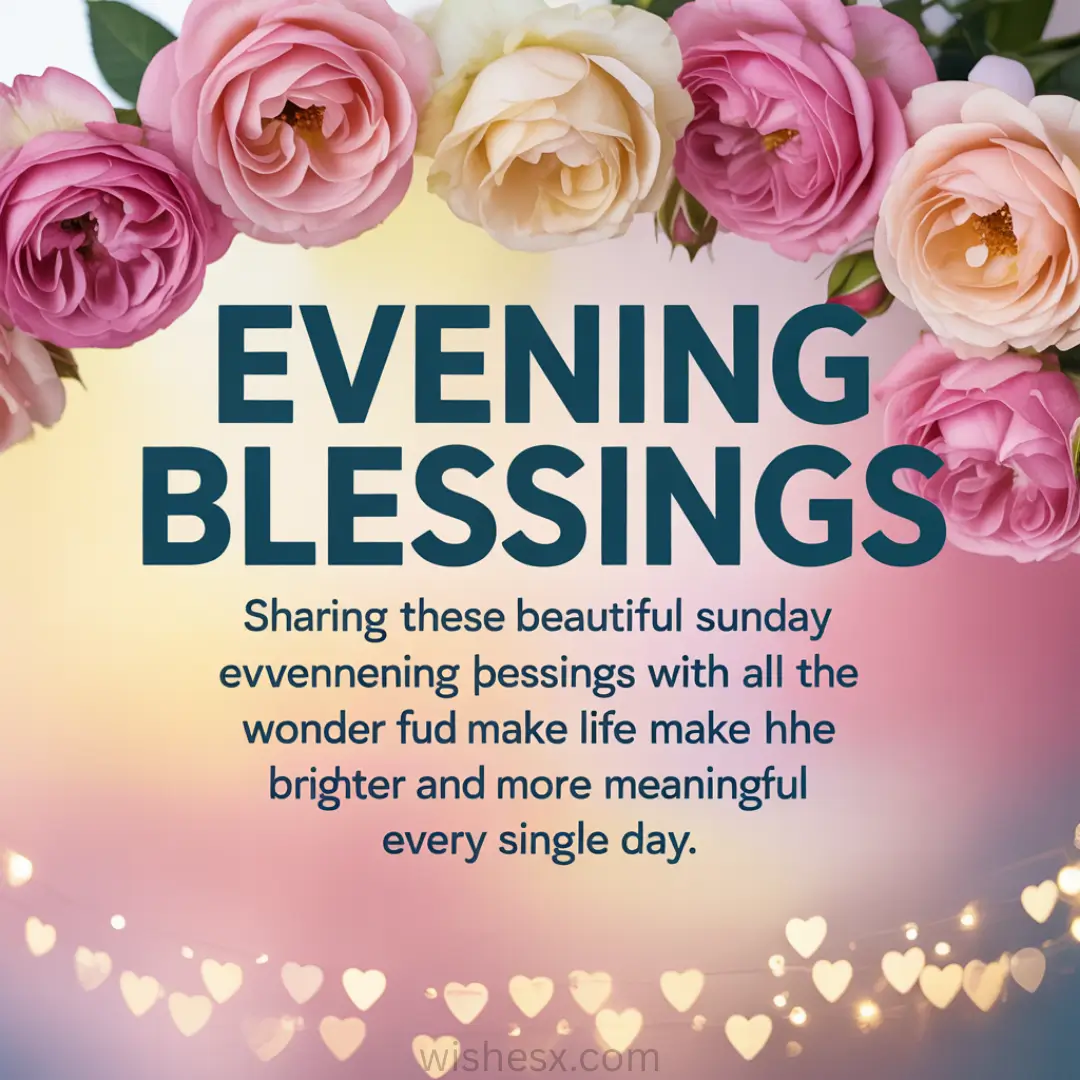 Alt text: "Text 'Evening Blessings' surrounded by pink and cream roses against a soft gradient background. Heart-shaped lights add a warm, cozy feel."