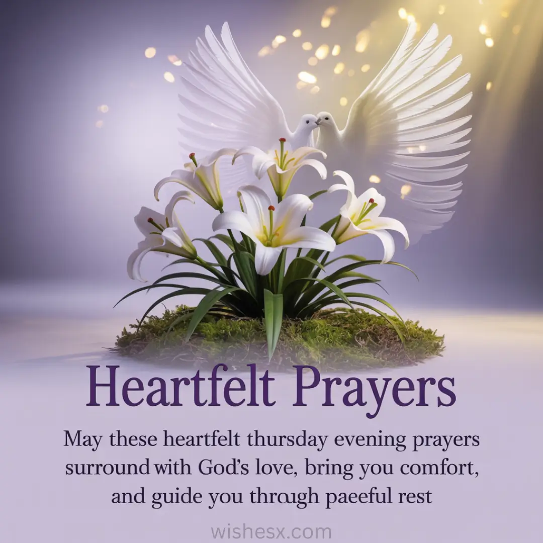 A serene image of white lilies and two doves with extended wings, against a glowing backdrop. Text reads: "Heartfelt Prayers" with a comforting message below.