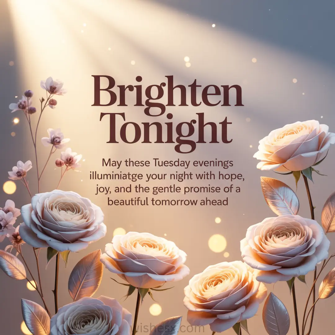 Ambient light bathes elegant white roses and delicate pink flowers, with text overlay: "Brighten Tonight." The tone is serene and hopeful.