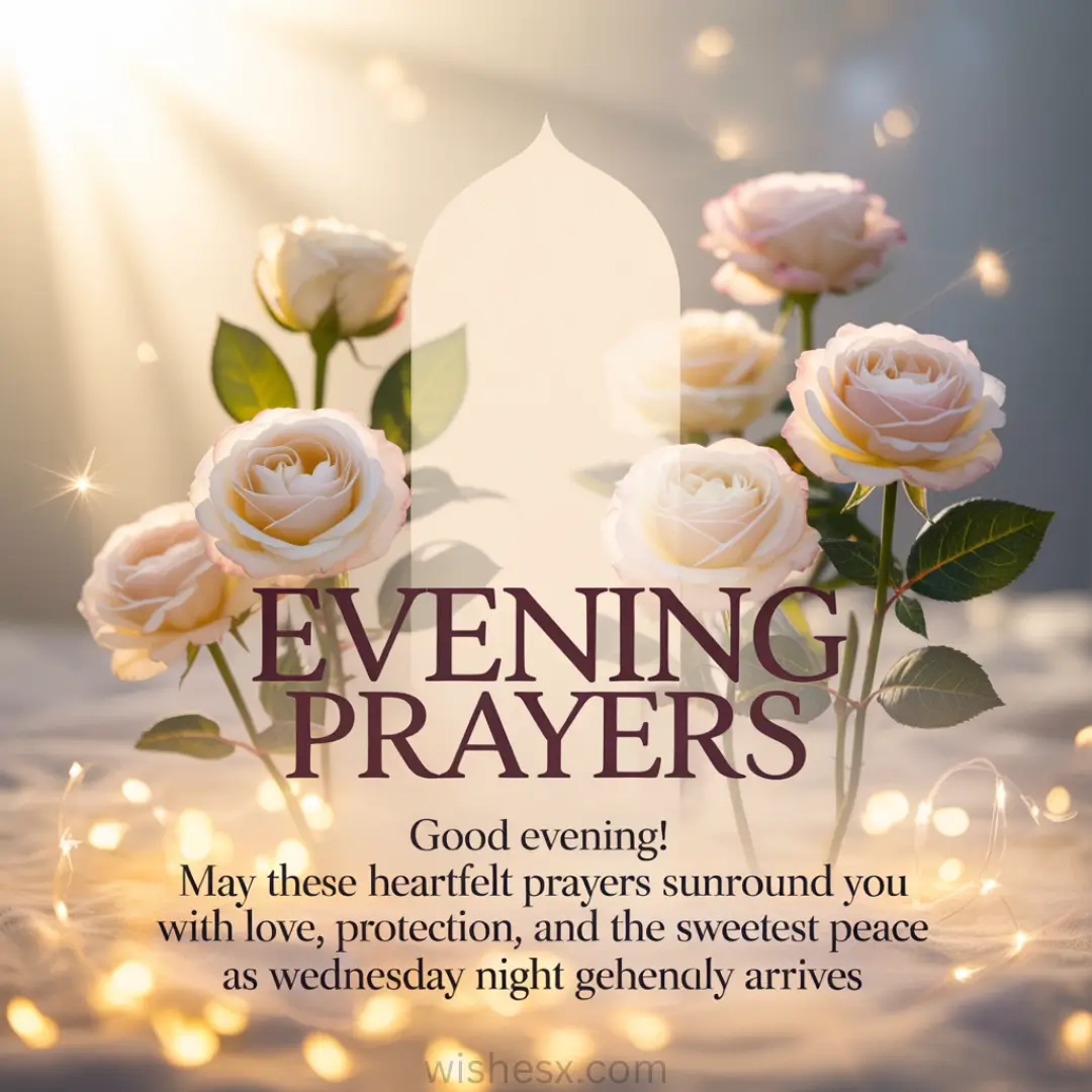 Roses with soft pink hues and green leaves are bathed in warm sunlight. The text reads "Evening Prayers" with a serene and peaceful tone.