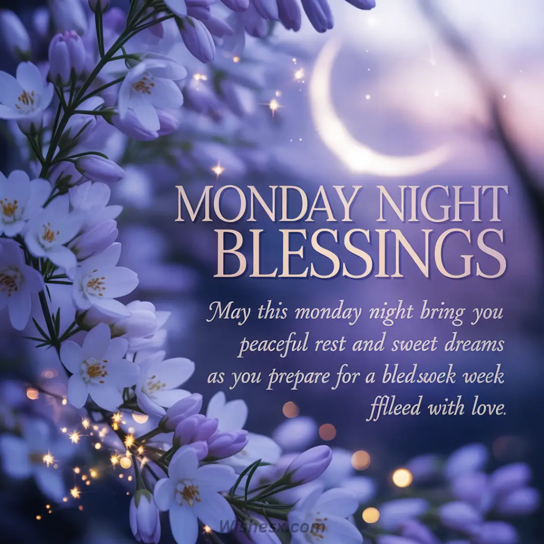 Delicate purple flowers frame a crescent moon and sparkles, with the text "Monday Night Blessings" conveying peace and dreamy serenity.