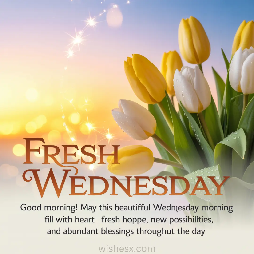 Bouquet of yellow and white tulips with dew against a sunrise sky. Text reads, "Fresh Wednesday," conveying positivity and new possibilities.