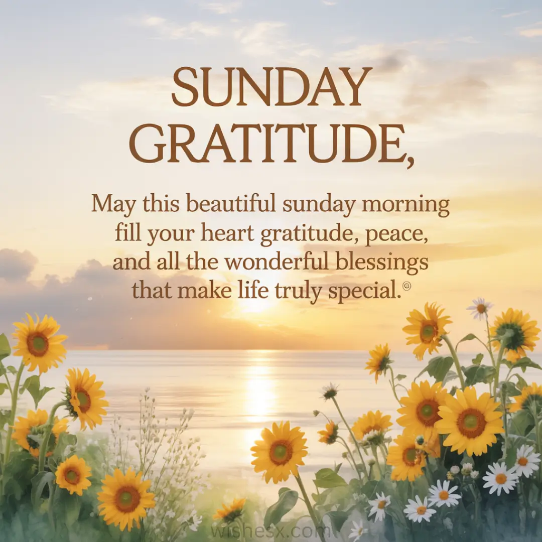 Sunrise over calm water with a field of sunflowers and daisies in the foreground. Text reads: "Sunday Gratitude" with a message about peace and blessings.