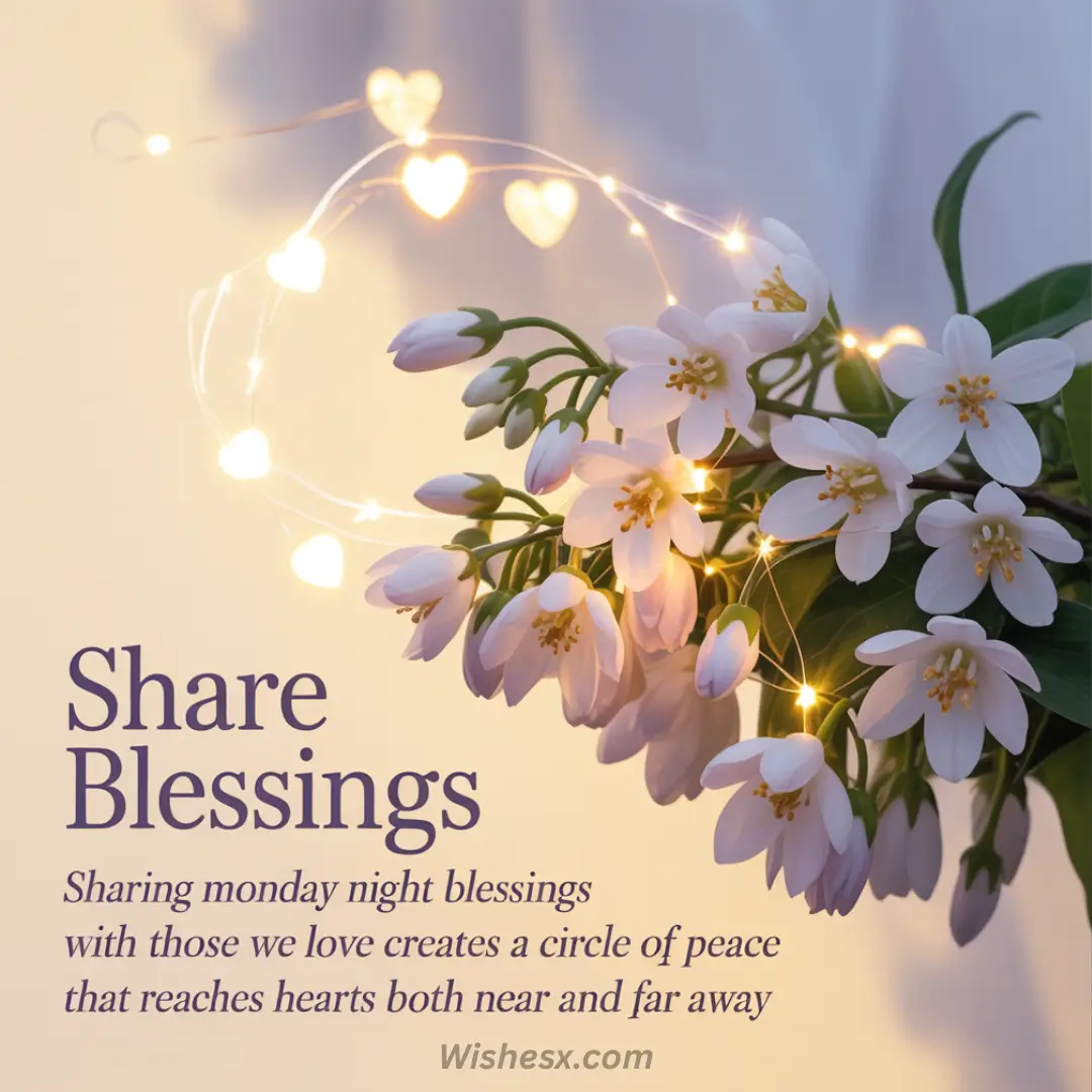 Bouquet of white flowers with golden fairy lights and heart-shaped bokeh. Text: "Share Blessings" with a message about spreading peace. Serene and warm.