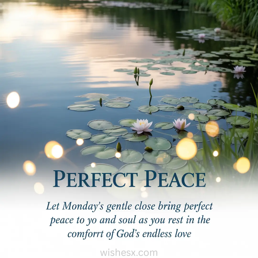 A serene pond with lily pads and blooming white lilies reflects a calm sky. The text "Perfect Peace" overlays, evoking tranquility and comfort.