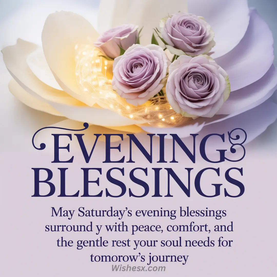 Soft, lavender roses rest on glowing lights within a white rose, conveying serenity. Text reads: "Evening Blessings" with a peaceful wish for Saturday.