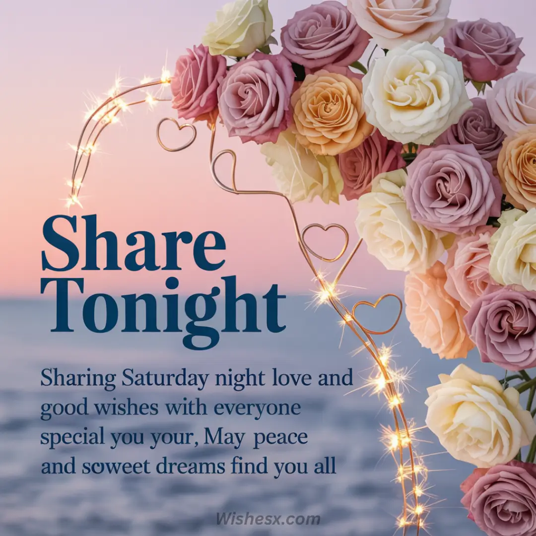 Bouquet of pastel roses with heart-shaped string lights on a soft pink and blue background. Text says, "Share Tonight. Sharing Saturday night love and good wishes."