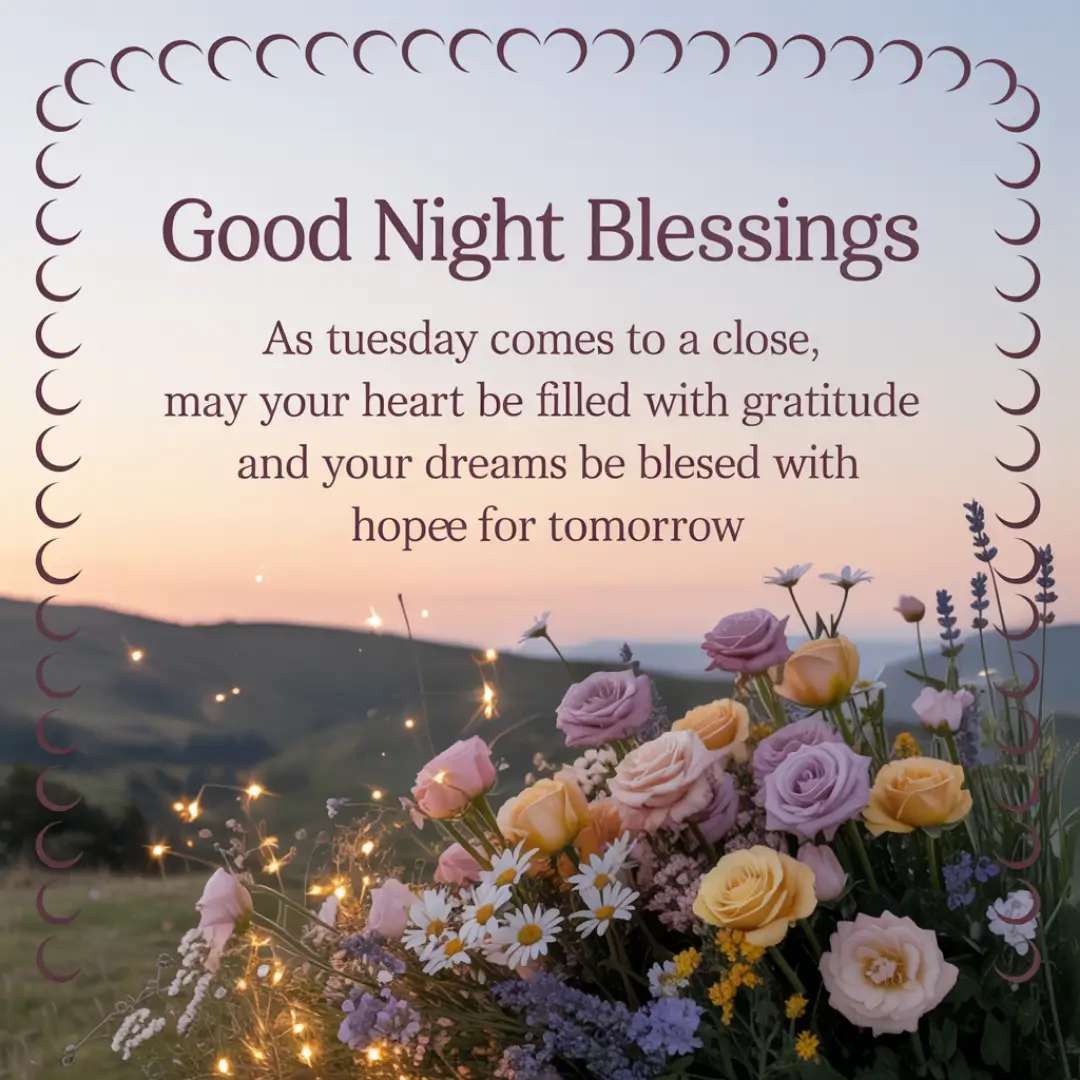Evening scene with a heartfelt message about gratitude and hope. Text overlaid on peaceful landscape, bouquet of roses, daisies, gentle star-like lights.