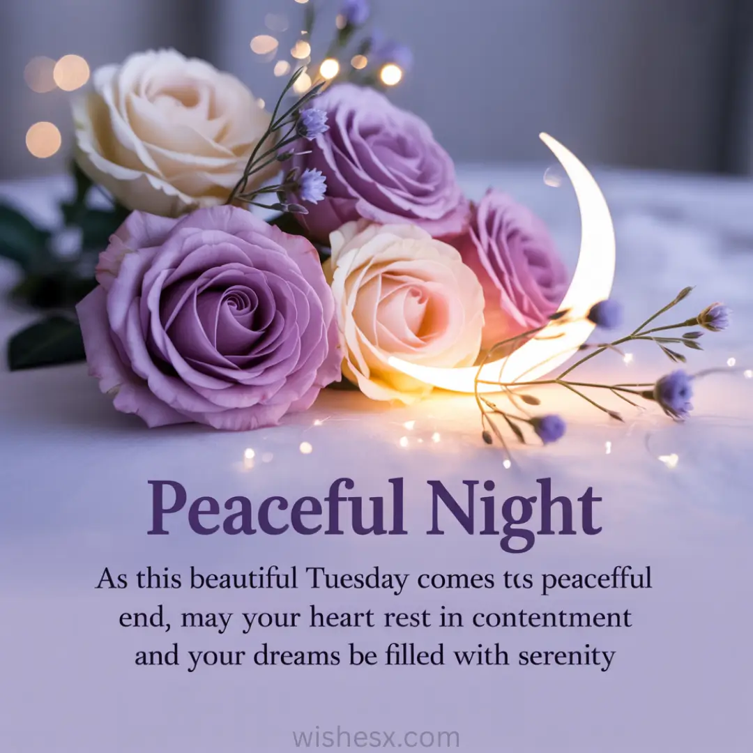 A soft focus image of lavender and cream roses with a crescent moon light and twinkling fairy lights. Text reads, "Peaceful Night" with a serene, soothing message.