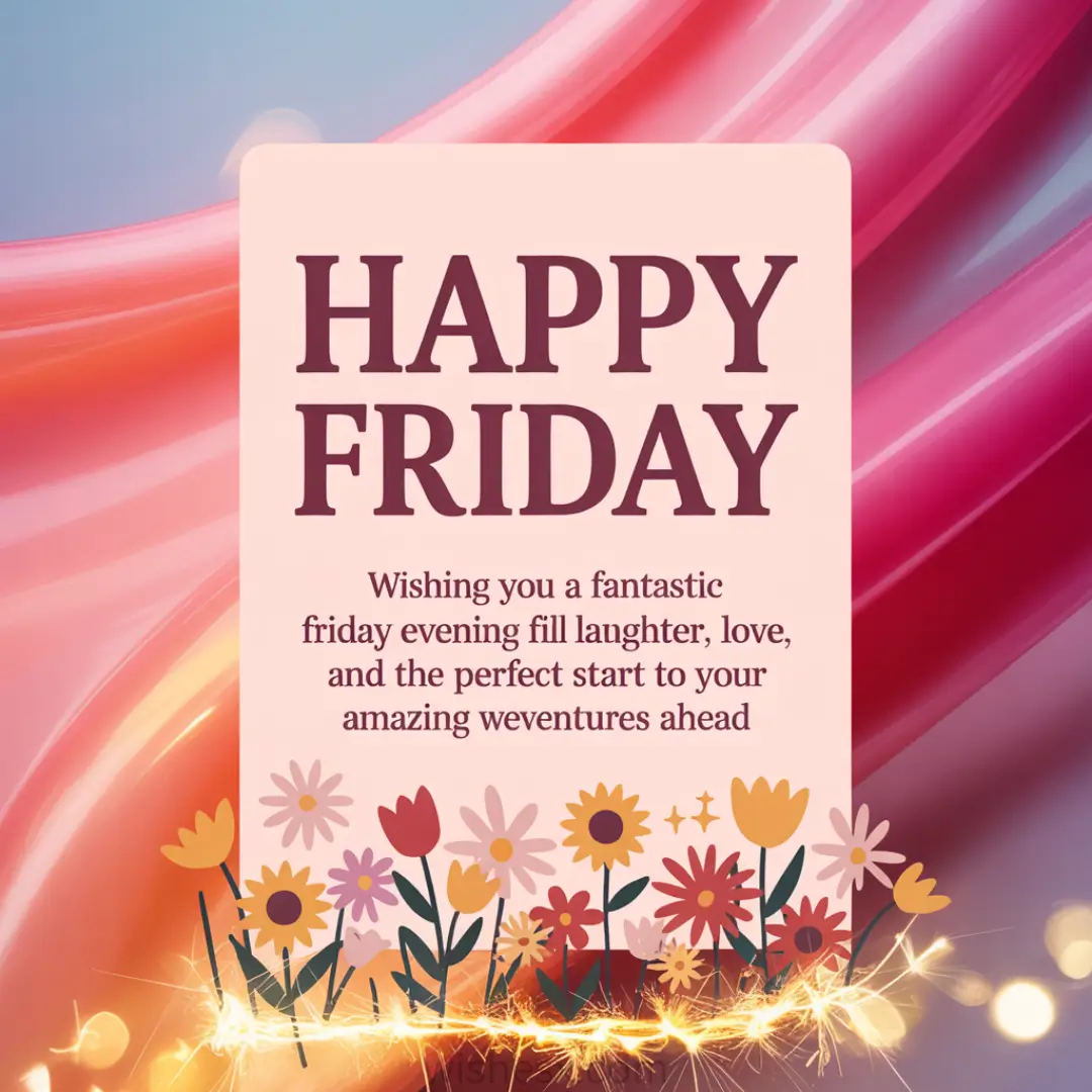 Bright and cheerful image with "Happy Friday" text on a pink gradient background, adorned with colorful flowers and sparkles, conveying joy and positivity.