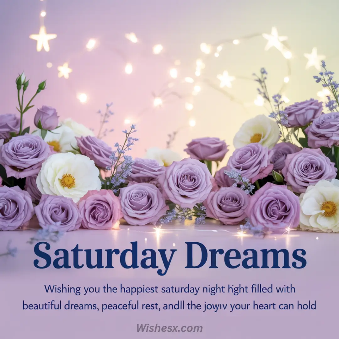 Lavender and white roses with fairy lights on a pastel background create a dreamy, serene scene. Text reads "Saturday Dreams" with a peaceful wish.