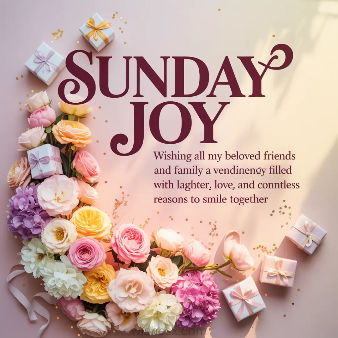 Alt text: "Pink and white flowers and gift boxes with ribbons surround the words 'Sunday Joy,' conveying warmth and happiness. Confetti adds a festive touch."