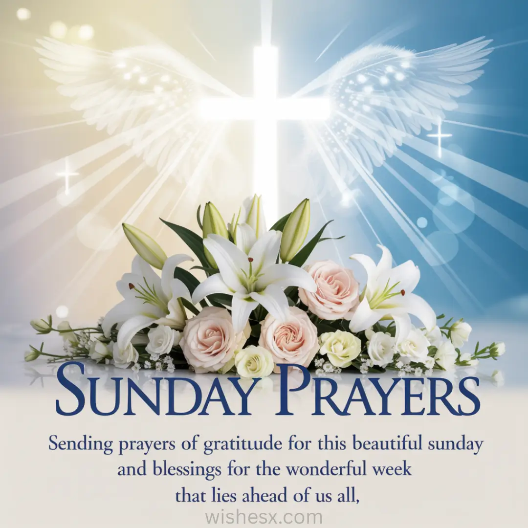 A glowing white cross with angelic wings in the background, surrounded by white lilies and pink roses. Text reads, “Sunday Prayers” with a blessing.
