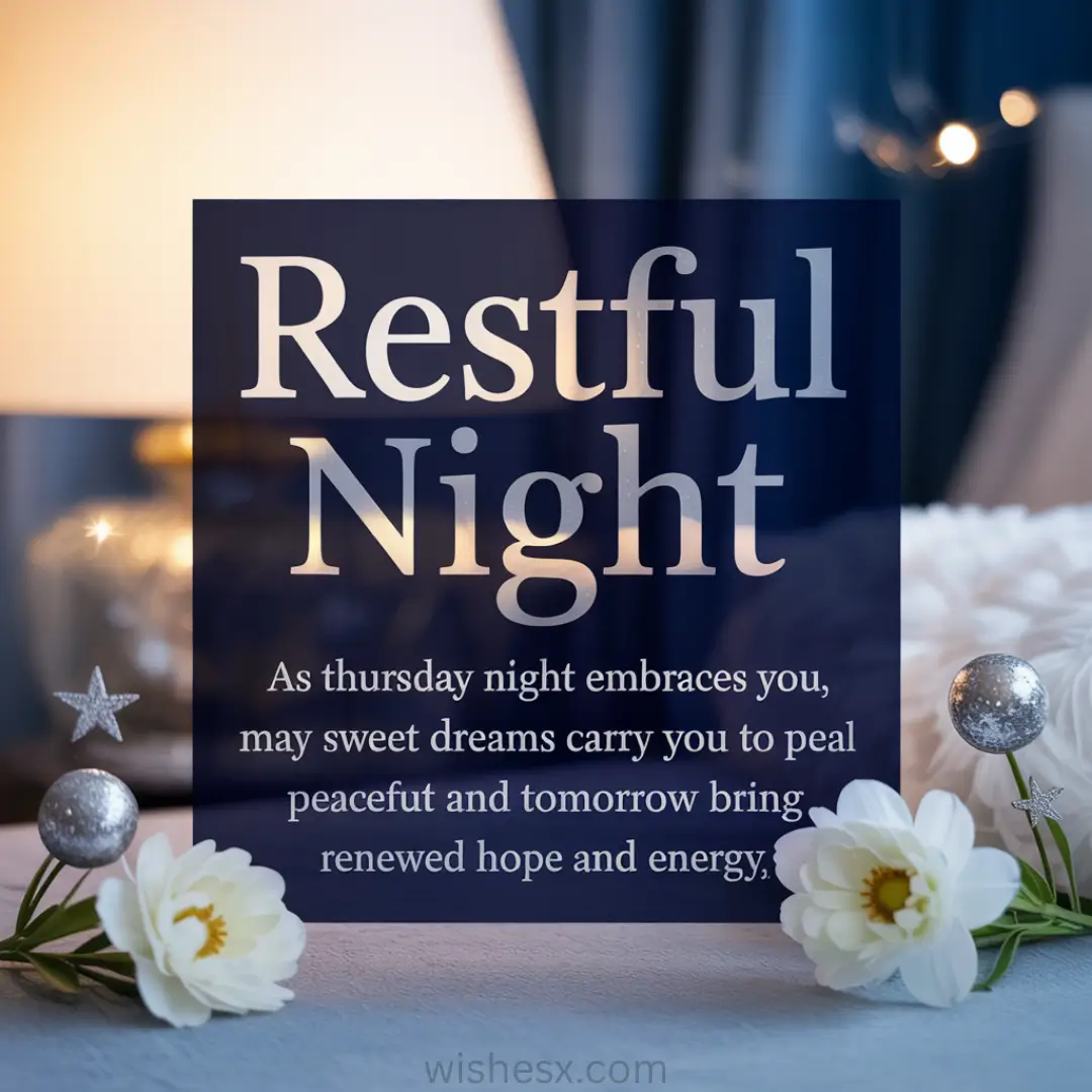Cozy bedroom scene with a glowing lamp, white flowers, and silver ornaments. Text reads: "Restful Night," offering a peaceful, hopeful evening message.