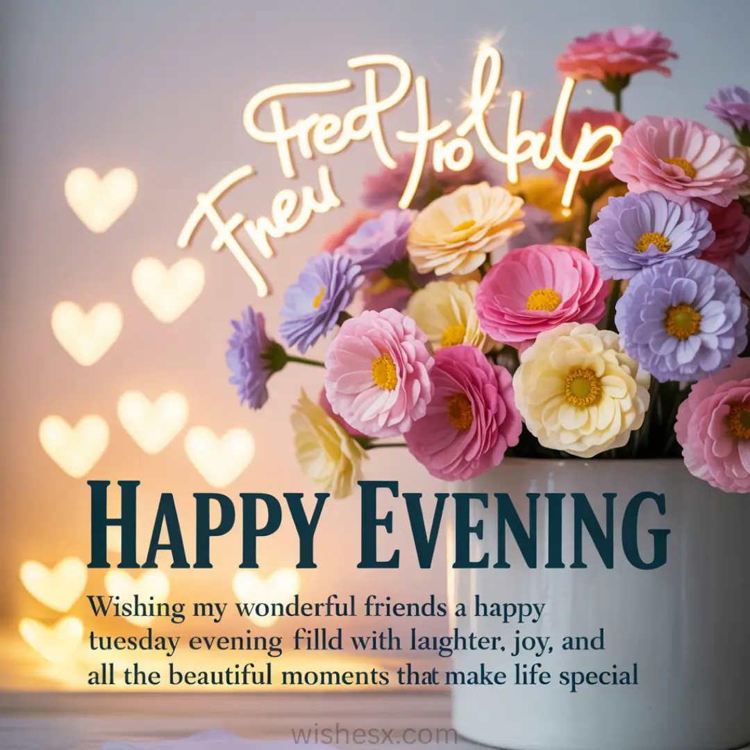 Vibrant bouquet of pink, yellow, and purple flowers in a white pot with glowing heart lights and cursive text saying "Happy Evening" on a calming background.