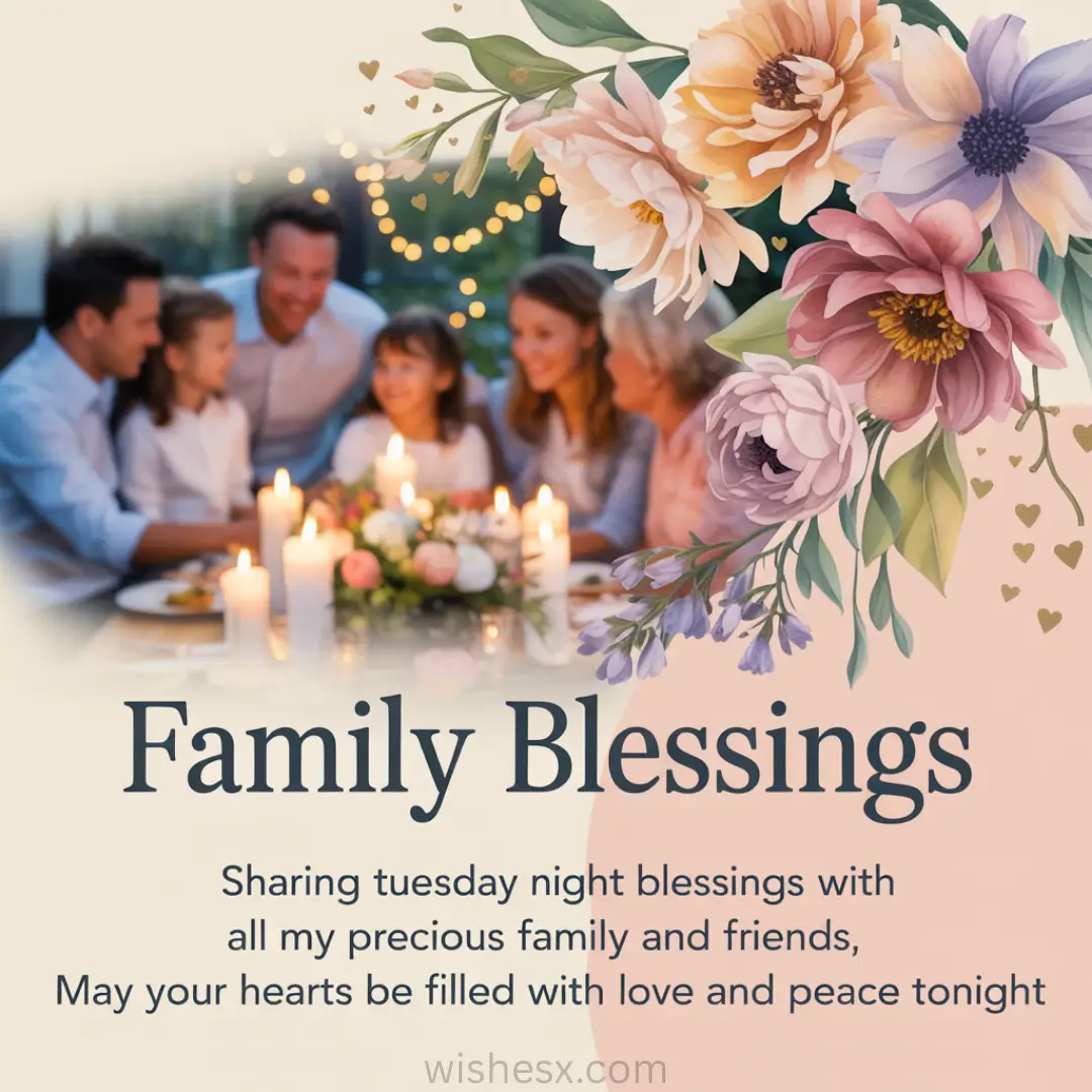 A family gathered around a candlelit dinner table, smiling warmly. Floral designs frame the image, with text reading "Family Blessings." Cozy and heartfelt.