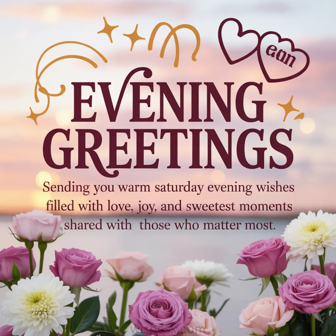 Romantic evening greeting with floral bouquet against a sunset background. Text expresses warm Saturday wishes filled with love and joy.