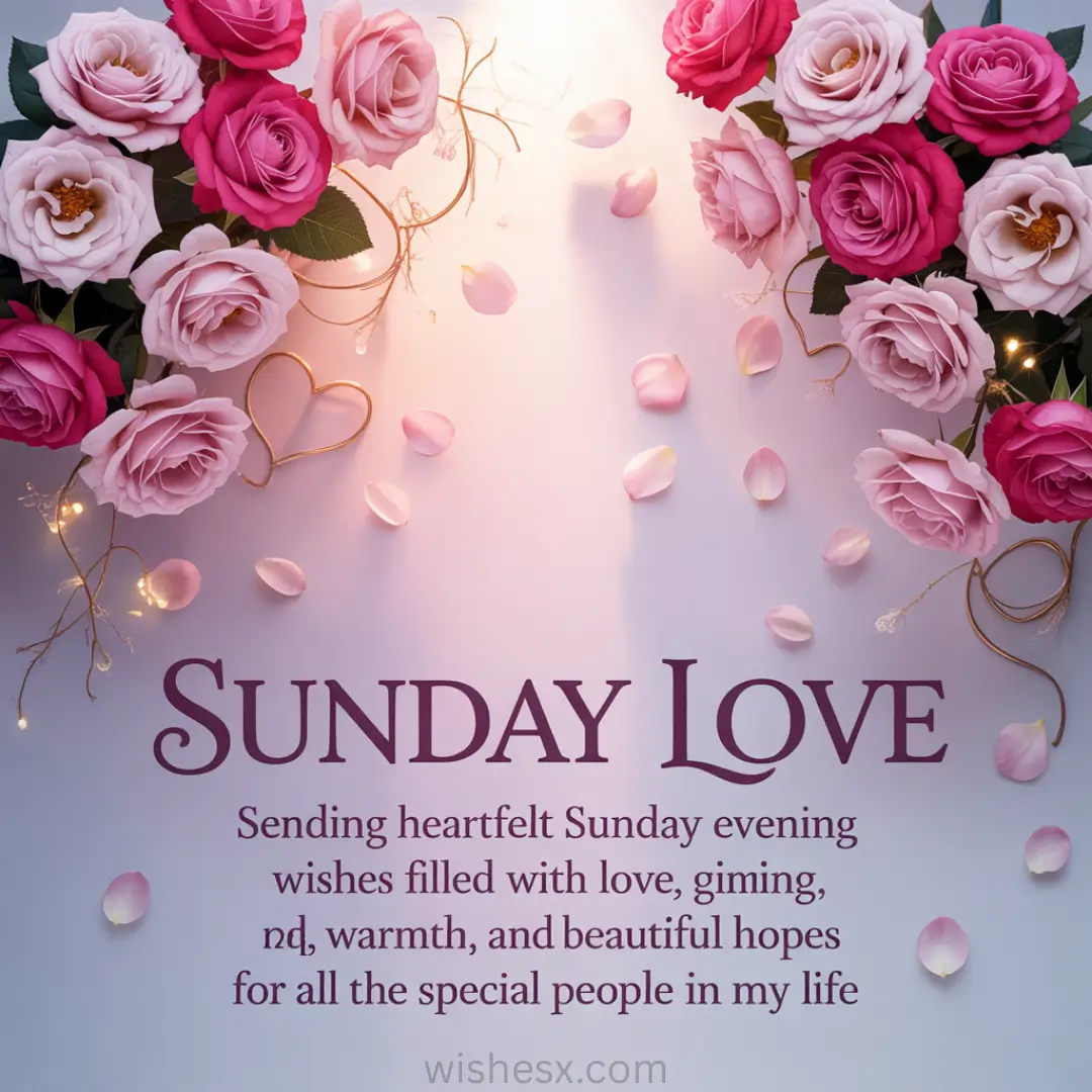 A soft, romantic composition featuring pink and red roses with delicate petals scattered around. A heart-shaped ornament and fairy lights add warmth. Text reads, "Sunday Love, Sending heartfelt Sunday evening wishes filled with love and warmth."