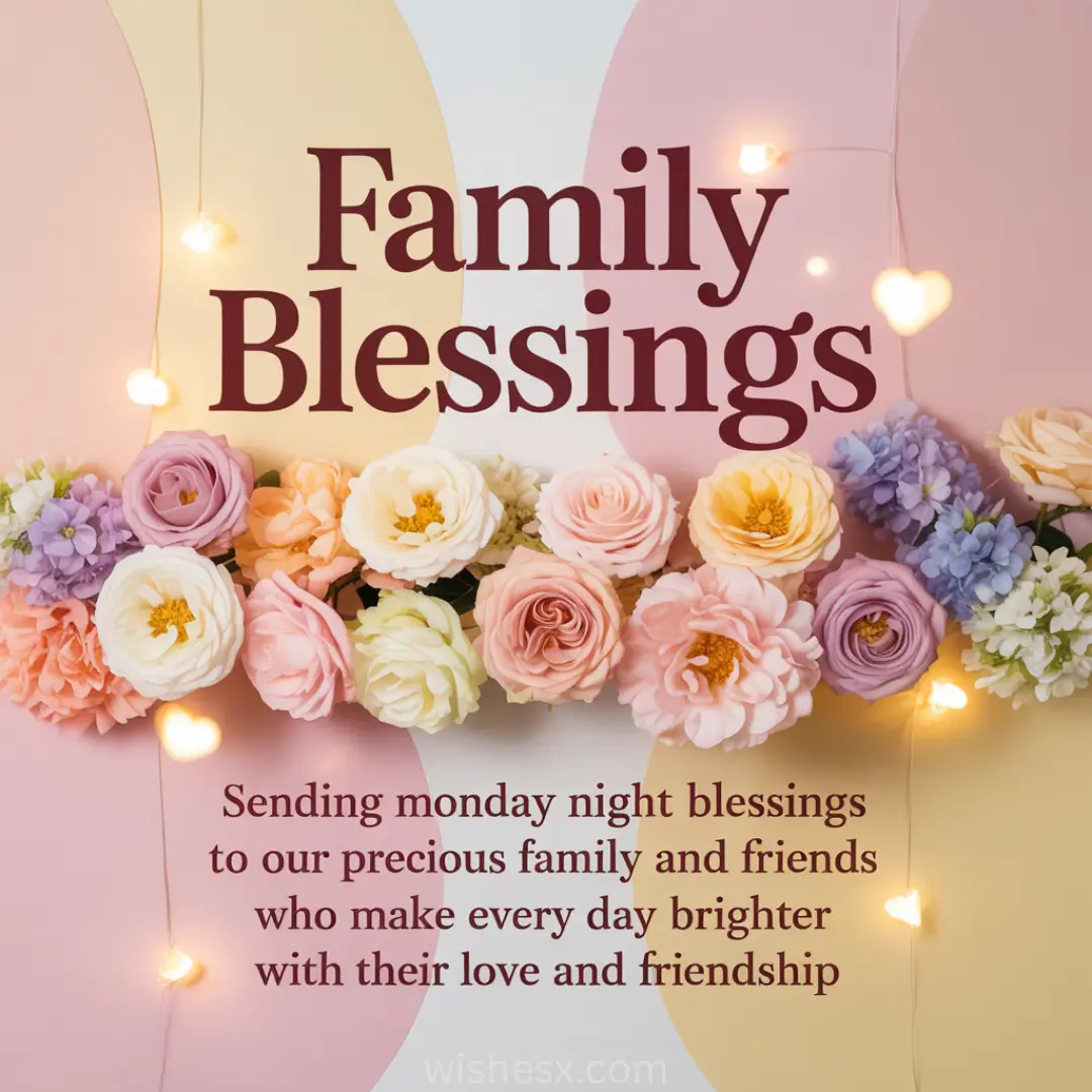 "Family Blessings" in bold red text above pastel flowers and heart-shaped lights; message about family love on a soft, striped pink and yellow background.