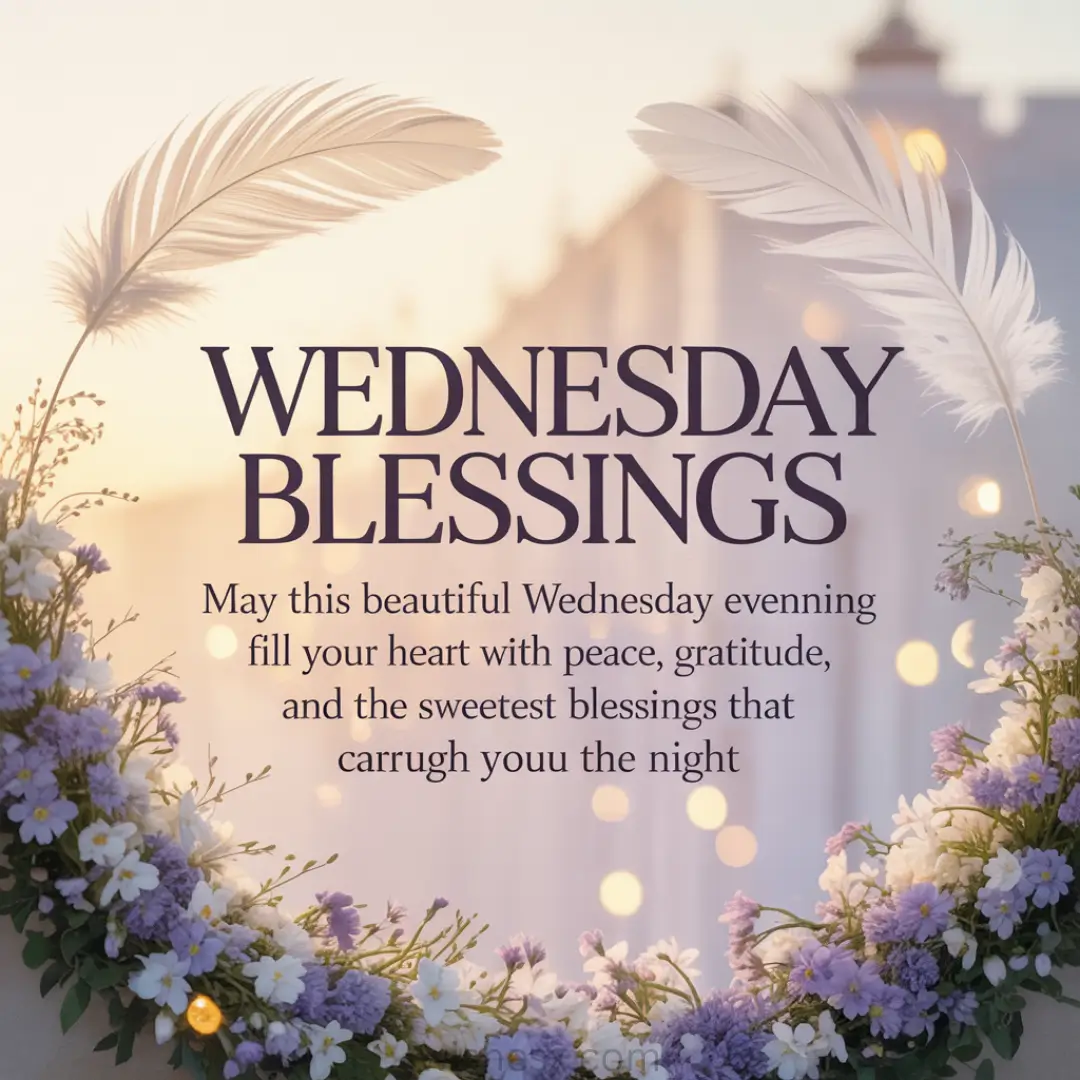 A serene image with text reading "Wednesday Blessings" surrounded by soft purple and white flowers and feathers, conveying peace and gratitude.