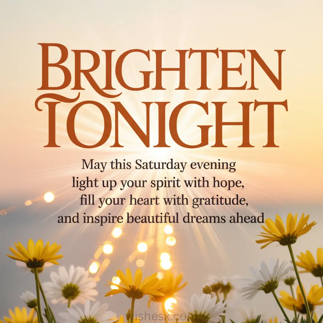 Sunset background with rays of light and text: "Brighten Tonight. May this Saturday evening light up your spirit with hope." Foreground features yellow and white daisies.