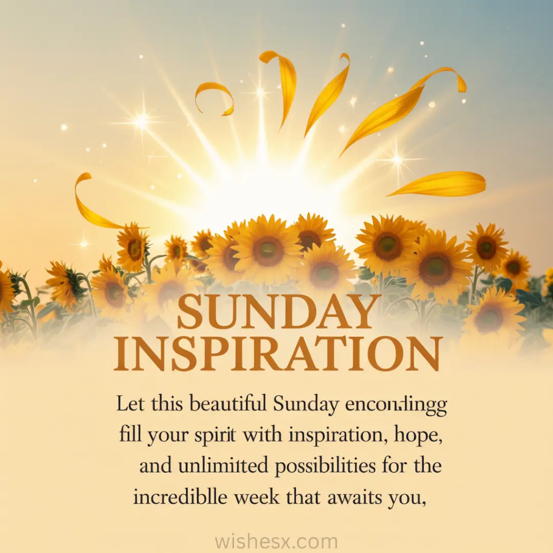 Sunflowers under a sunrise sky, with swirling petals catching light. Text reads "Sunday Inspiration," inviting hope and possibility for the week.
