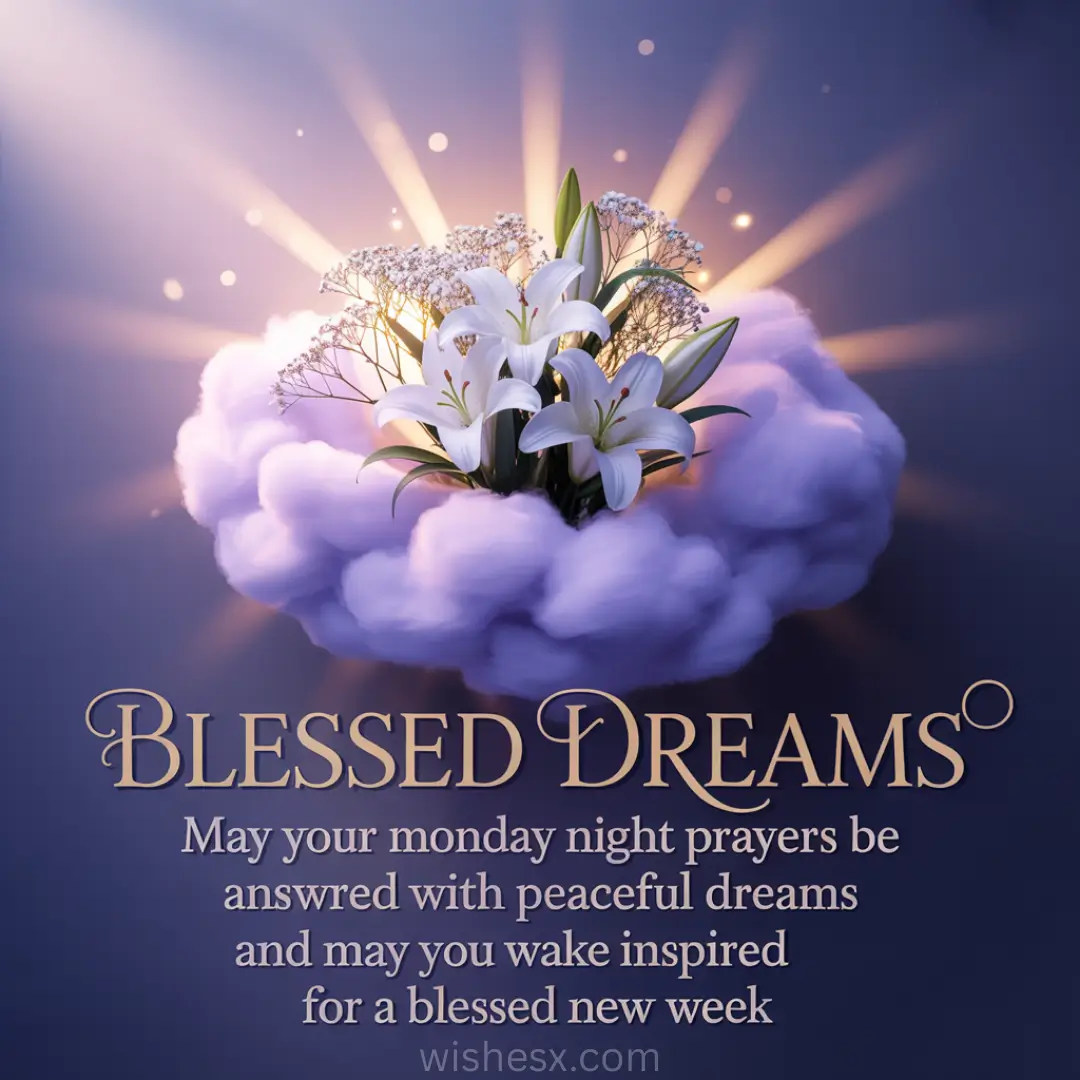 A serene image featuring white lilies and baby's breath flowers resting on a soft purple cloud, with rays of light shining in the background. The text reads: "Blessed Dreams. May your Monday night prayers be answered with peaceful dreams and may you wake inspired for a blessed new week."