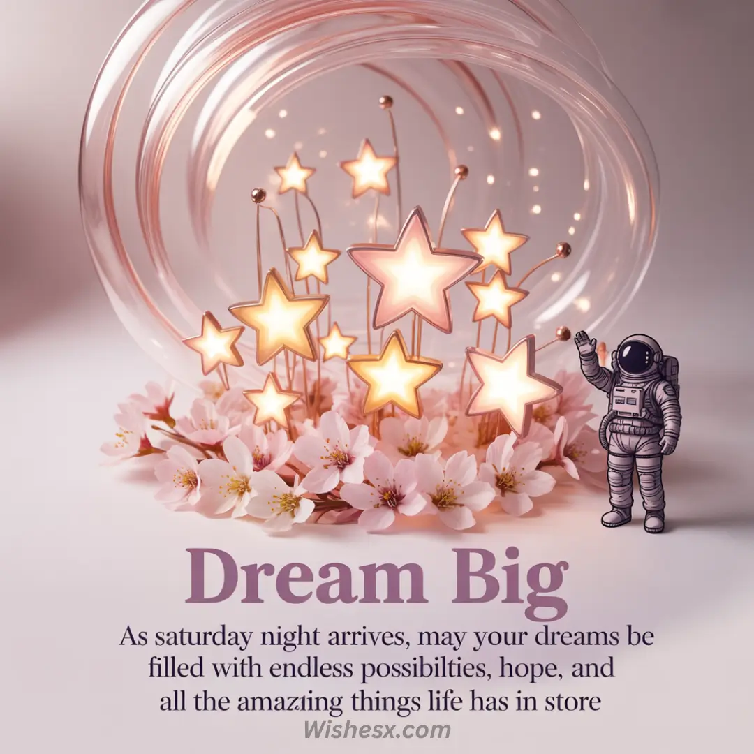 A whimsical scene with glowing star-shaped lights emerging from pink flowers inside a translucent dome. An astronaut waves nearby. Text reads, "Dream Big."