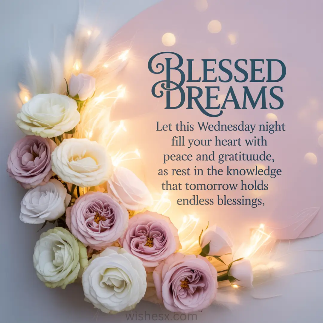 A delicate arrangement of pink and white roses with glowing fairy lights on a soft pink background. Text reads: "Blessed Dreams. Let this Wednesday night fill your heart with peace and gratitude, as rest in the knowledge that tomorrow holds endless blessings." The tone is calming and serene.