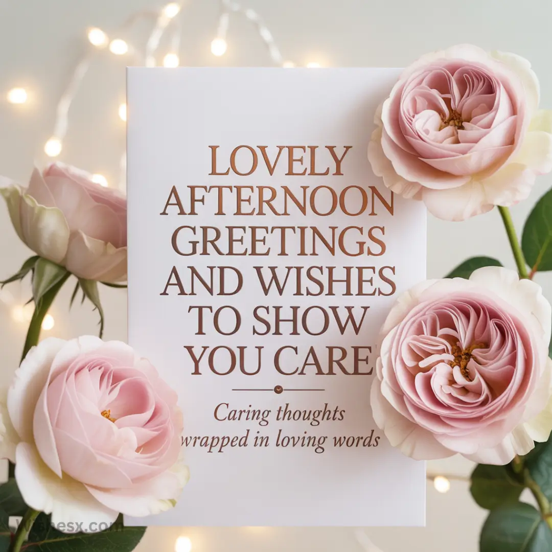 Greeting card with "Lovely Afternoon Greetings and Wishes" text, surrounded by soft pink roses. Warm, cozy ambiance with fairy lights.