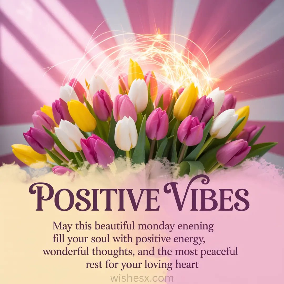 A bouquet of pink, yellow, and white tulips emits glowing light on a pink and white striped background, with text reading "Positive Vibes." It conveys warmth and joy.