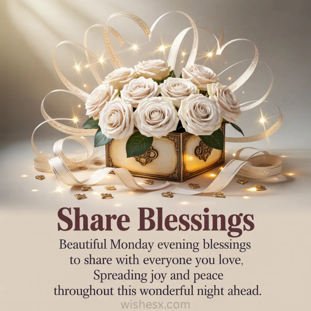 A box adorned with white roses and flowing ribbons radiates golden lights. The text reads, "Share Blessings—Beautiful Monday evening blessings to share, spreading joy and peace."