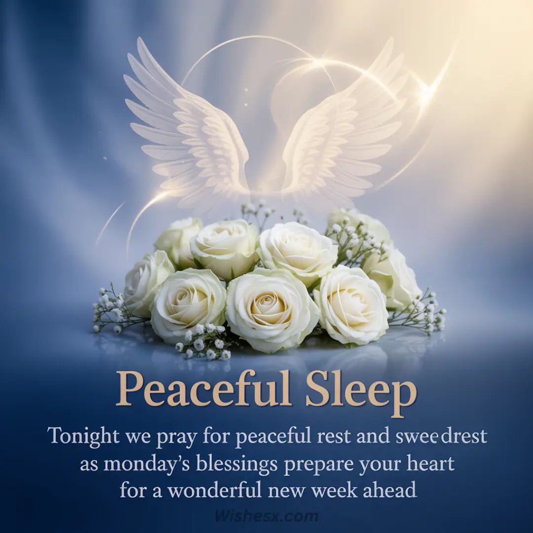 White roses and baby's breath rest under glowing angel wings on a blue background. Text: "Peaceful Sleep" with a prayer for restful sleep and blessings.