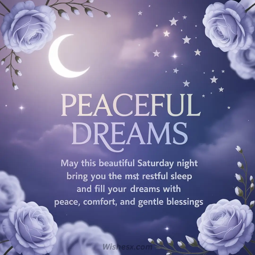 Dreamy scene with lavender roses, a crescent moon, and stars on a purple sky. Text wishes peaceful Saturday night dreams, conveying calm and serenity.