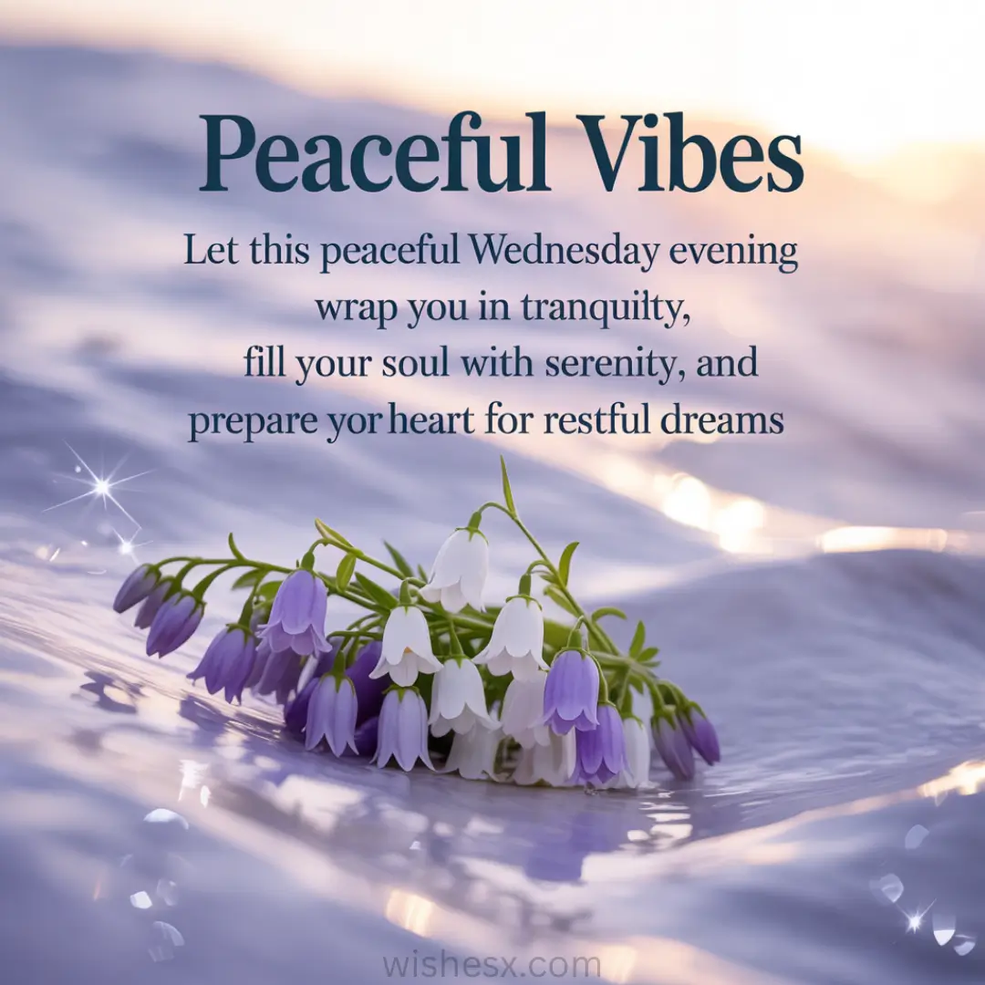 Bouquet of purple and white bell flowers on gently rippling water at sunset. Text reads: “Peaceful Vibes. Let this peaceful Wednesday evening wrap you in tranquility...”.